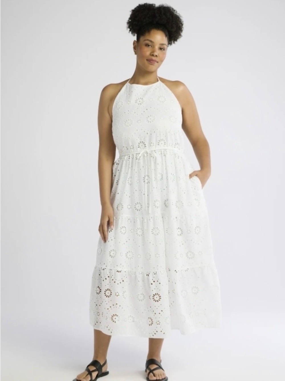 Time and Tru White Halter Eyelet Tiered Maxi Dress